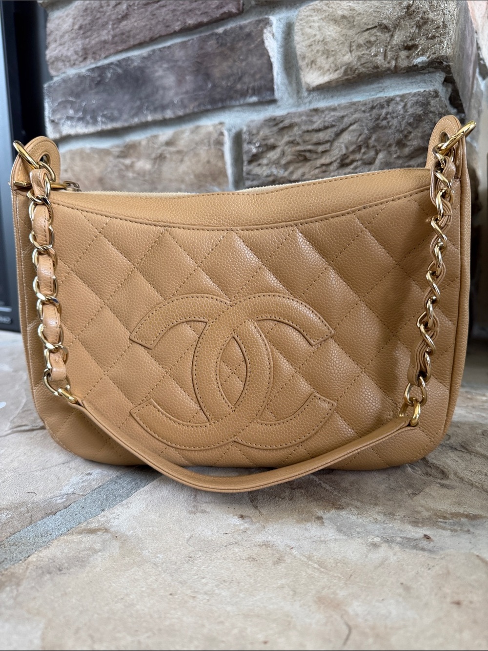 CHANEL Quilted Shoulder Bag in Camel Tan with Gold Chain